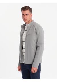 Ombre Clothing - Męska kurtka typu biker z kieszeniami i stójką – szara V3 - Rozmiar: XL. Okazja: na co dzień. Typ kołnierza: kołnierzyk stójkowy. Kolor: szary. Materiał: syntetyk, tkanina, poliester, materiał. Wzór: ze splotem. Styl: casual #10