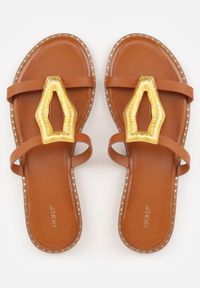 Born2be - Jasonobrązowe Klapki VICES z Dwoma Paskami i Aplikacją o Nieregularnym Kształcie Taliria. Okazja: na co dzień, na spacer. Kolor: brązowy. Materiał: prążkowany. Wzór: aplikacja. Sezon: lato. Styl: casual, klasyczny #9