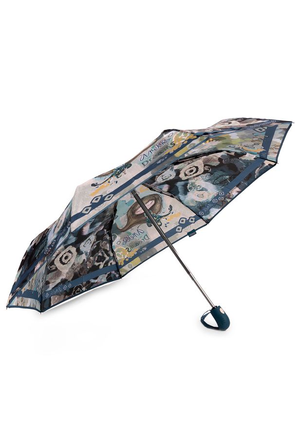 Granatowy Składany Parasol Damski Anekke. Kolor: niebieski. Materiał: tkanina