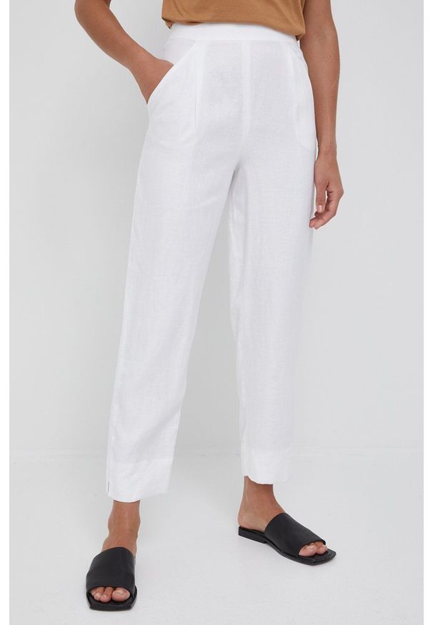 Emporio Armani spodnie lniane damskie kolor biały szerokie high waist. Stan: podwyższony. Kolor: biały. Materiał: len