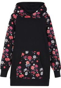 bonprix - Sukienka dresowa z czystej bawełny. Typ kołnierza: kaptur. Kolor: czarny. Materiał: bawełna, dresówka. Wzór: aplikacja, kwiaty #1