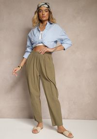Renee - Ciemnozielone Spodnie z Bawełny High Waist Sonirea. Okazja: na co dzień. Stan: podwyższony. Kolor: zielony. Materiał: bawełna. Styl: casual