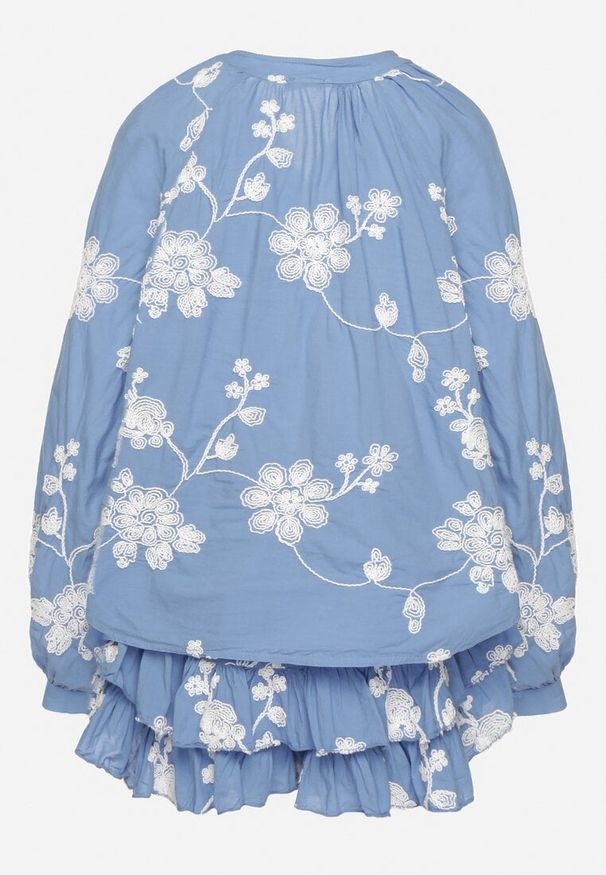 Born2be - Niebieski Bawełniany Komplet Koszula z Szerokimi Rękawami i Spódnico-Spodenki Savrise. Kolor: niebieski. Materiał: bawełna. Wzór: aplikacja