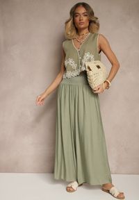 Renee - Jasnozielone Spodnie z Wiskozą o Szerokim Kroju High Waist Orrana. Okazja: na co dzień. Stan: podwyższony. Kolor: zielony. Materiał: wiskoza. Styl: elegancki, casual #3