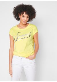 bonprix - Shirt z cekinami. Kolor: żółty. Wzór: napisy #1