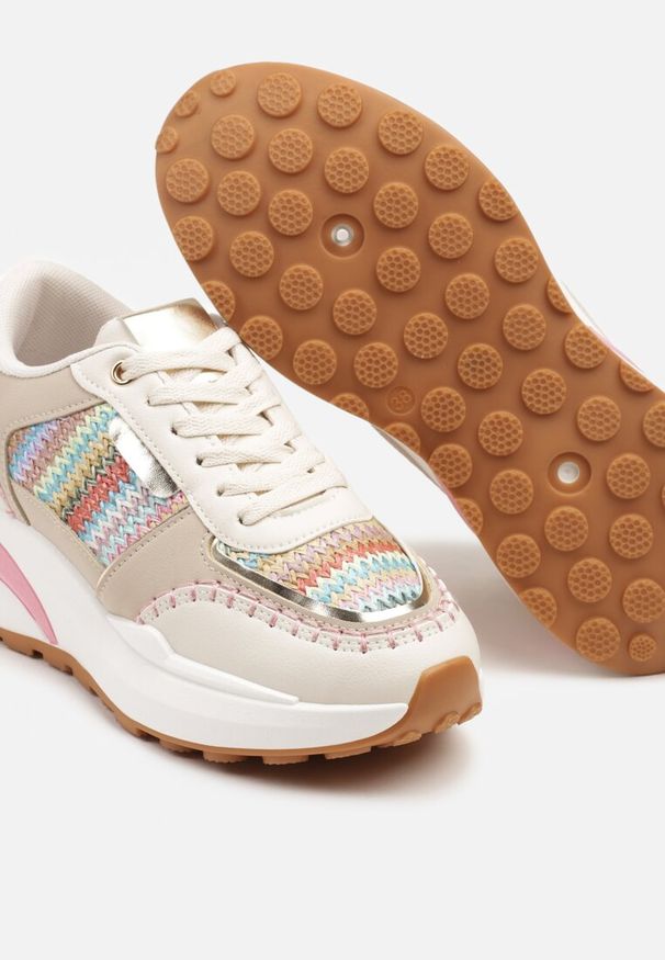 Renee - Beżowo-Różowe Sneakersy na Platformie ze Wstawkami z Plecionki Ninatia. Okazja: na co dzień. Kolor: beżowy. Materiał: jeans. Obcas: na platformie. Wysokość obcasa: średni