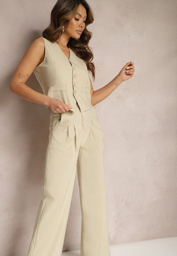 Renee - Beżowy Garniturowy Komplet Kamizelka i Proste Spodnie High Waist Nithriella. Kolor: beżowy