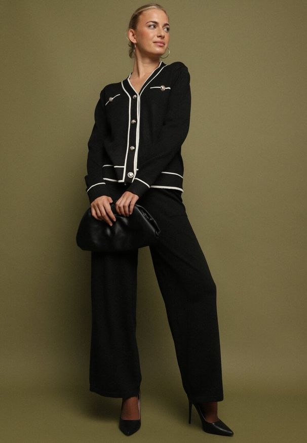 Born2be - Czarny Dzianinowy Komplet Szerokie Spodnie i Kardigan z Lamówkami Gioresa. Kolor: czarny. Materiał: dzianina. Wzór: gładki. Sport: turystyka piesza