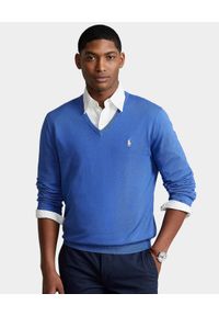 Ralph Lauren - RALPH LAUREN - Niebieski sweter z haftowanym logo. Typ kołnierza: polo. Kolor: niebieski. Materiał: bawełna. Długość rękawa: długi rękaw. Długość: długie. Wzór: haft