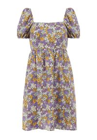 Born2be - Fioletowo-Miętowa Sukienka Konmey. Typ kołnierza: dekolt kwadratowy. Kolor: miętowy. Wzór: kwiaty. Sezon: lato. Styl: retro. Długość: mini #3