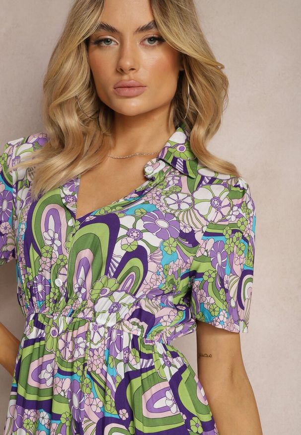 Renee - Fioletowa Bawełniana Sukienka Koszulowa w Malowniczy Kwiecisty Print Ankeldia. Typ kołnierza: kołnierzyk klasyczny. Kolor: fioletowy. Materiał: bawełna. Wzór: nadruk. Typ sukienki: koszulowe. Styl: boho, klasyczny, elegancki