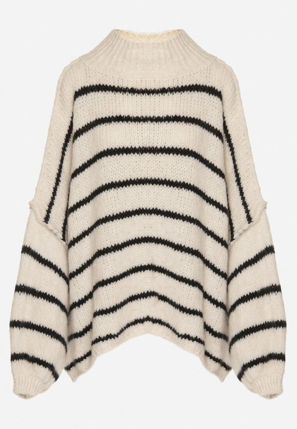 Born2be - Beżowy Golf Oversize w Paski z Domieszką Wełny i Wiskozy Nexeia. Okazja: na co dzień. Typ kołnierza: golf. Kolor: beżowy. Materiał: wełna, wiskoza. Wzór: paski. Styl: klasyczny, casual, elegancki