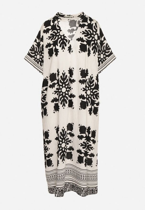 Born2be - Biała Sukienka Pudełkowa z Wiskozy z Dekoltem w Serek w Etniczny Wzór Abrellis. Okazja: na spacer, na co dzień. Typ kołnierza: dekolt w serek. Kolor: biały. Materiał: wiskoza. Długość rękawa: krótki rękaw. Styl: casual, elegancki