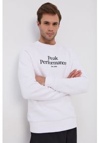 Peak Performance Bluza męska kolor biały melanżowa. Okazja: na co dzień. Kolor: biały. Materiał: dzianina, bawełna. Długość rękawa: raglanowy rękaw. Wzór: melanż. Styl: casual