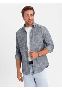Ombre Clothing - Klasyczna flanelowa męska koszula bawełniana w kwiaty - szara V3 - Rozmiar: XXL. Typ kołnierza: kołnierzyk klasyczny. Kolor: szary. Materiał: bawełna. Długość rękawa: długi rękaw. Długość: długie. Wzór: kwiaty. Styl: klasyczny