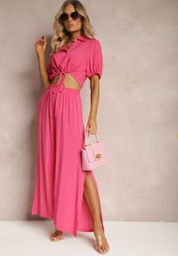 Renee - Fuksjowy Komplet z Bawełny w Stylu Utility Koszula i Szerokie Spodnie Veola. Kolor: różowy. Materiał: bawełna