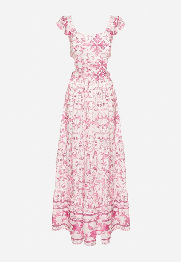 Born2be - Fuksjowa Sukienka w Ornamentny Wzór z Wycięciem Halionea. Okazja: na co dzień. Kolor: różowy. Sezon: lato. Styl: casual