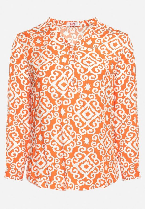 Born2be - Pomarańczowo-Biała Wiskozowa Bluzka Zapinana na Guziki w Geometryczny Print Perita. Kolor: pomarańczowy. Materiał: wiskoza. Wzór: geometria, nadruk. Sezon: lato