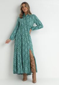 Born2be - Zielono-Niebieska Sukienka Koszulowa w Ornamentalny Wzór Midis. Okazja: na co dzień, na spacer. Kolor: zielony. Materiał: wiskoza. Długość rękawa: długi rękaw. Typ sukienki: koszulowe. Styl: casual, elegancki #4