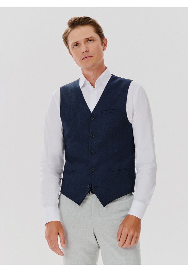 Pako Lorente - PAKO LORENTE – Jednorzędowa kamizelka męska w kolorze granatowym. Kolor: niebieski. Materiał: poliamid, len, wełna, elastan, bawełna
