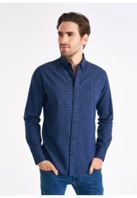 Ochnik - Granatowa koszula męska w kratkę. Kolor: niebieski. Materiał: bawełna. Długość: długie. Wzór: kratka #1