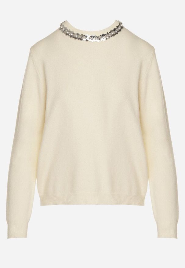 Born2be - Biały Sweter z Dodatkiem Kaszmiru Ozdobiony Cekinami i Cyrkoniami Vetimona. Okazja: na co dzień. Kolor: biały. Materiał: kaszmir. Wzór: aplikacja. Styl: elegancki, klasyczny, casual