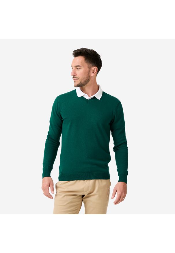 INESIS - Sweter do golfa męski MW100 dekolt w serek. Typ kołnierza: dekolt w serek, golf. Kolor: zielony. Materiał: materiał, bawełna. Sport: golf