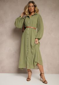 Renee - Zielona Koszulowa Sukienka z Plisami i Dodatkowym Paskiem Miarosea. Okazja: na spotkanie biznesowe, na spacer. Kolor: zielony. Typ sukienki: koszulowe. Styl: elegancki, biznesowy #3
