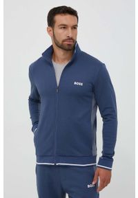 BOSS bluza męska kolor niebieski z aplikacją. Okazja: na co dzień. Kolor: niebieski. Materiał: materiał. Wzór: aplikacja. Styl: casual #1