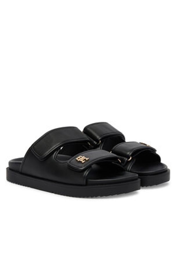 TOMMY HILFIGER - Tommy Hilfiger Klapki Double Strap Leather Sandal FW0FW09121 Czarny. Kolor: czarny. Materiał: skóra
