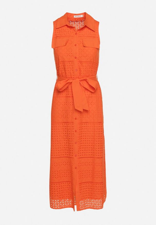 Born2be - Pomarańczowa Bawełniana Sukienka Ażurowa o Koszulowym Kroju z Materiałowym Paskiem w Talii Vikiiana. Kolor: pomarańczowy. Materiał: materiał, bawełna. Wzór: ażurowy. Typ sukienki: koszulowe. Styl: wizytowy, elegancki