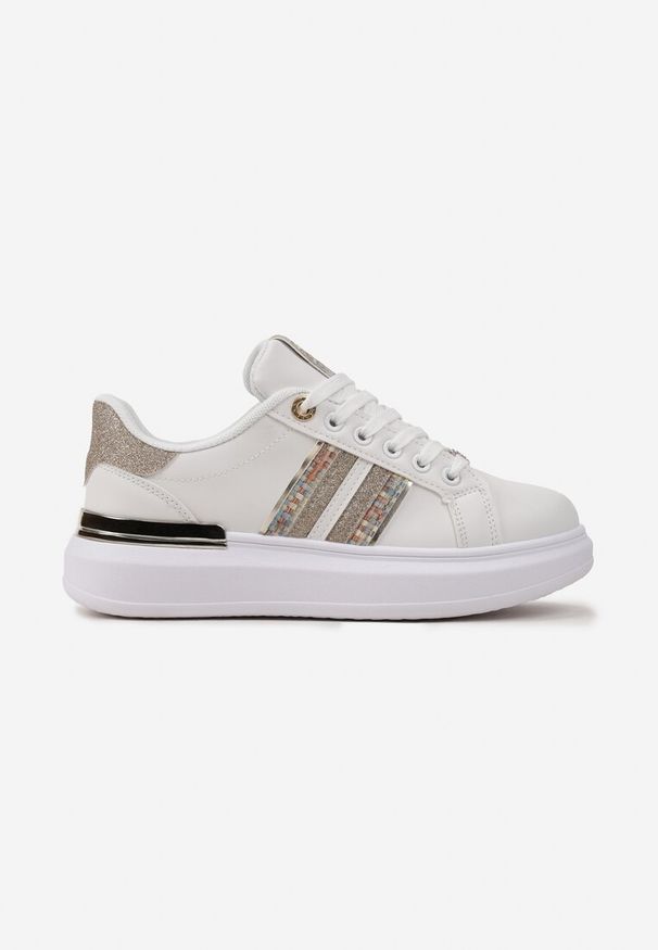 Renee - Biało-Szampańskie Sneakersy na Niewysokiej Platformie z Brokatowymi Wstawkami Renallsa. Okazja: na co dzień. Nosek buta: okrągły. Zapięcie: sznurówki. Kolor: biały. Materiał: jeans, materiał. Obcas: na platformie. Wysokość obcasa: niski