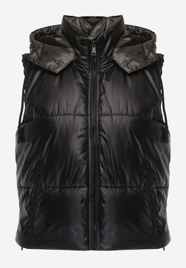 Renee - Czarna Pikowana Kamizelka z Szerokim Kapturem Wivelle. Typ kołnierza: golf. Kolor: czarny. Materiał: jeans, wełna. Długość rękawa: bez rękawów. Wzór: aplikacja. Styl: sportowy