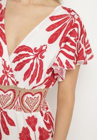 Born2be - Bordowy Taliowany Kombinezon z Wiskozy w Print Boho z Kopertowym Dekoltem Nelazi. Okazja: na co dzień. Kolor: czerwony. Materiał: wiskoza. Długość rękawa: krótki rękaw. Długość: krótkie. Wzór: nadruk. Sezon: lato. Styl: boho #4