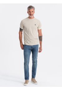 Ombre Clothing - T-shirt męski bawełniany z kontrastującymi wstawkami - kremowy V7 S1632 - XXL. Kolor: kremowy. Materiał: bawełna. Długość rękawa: krótki rękaw. Długość: krótkie. Wzór: aplikacja. Styl: klasyczny #6