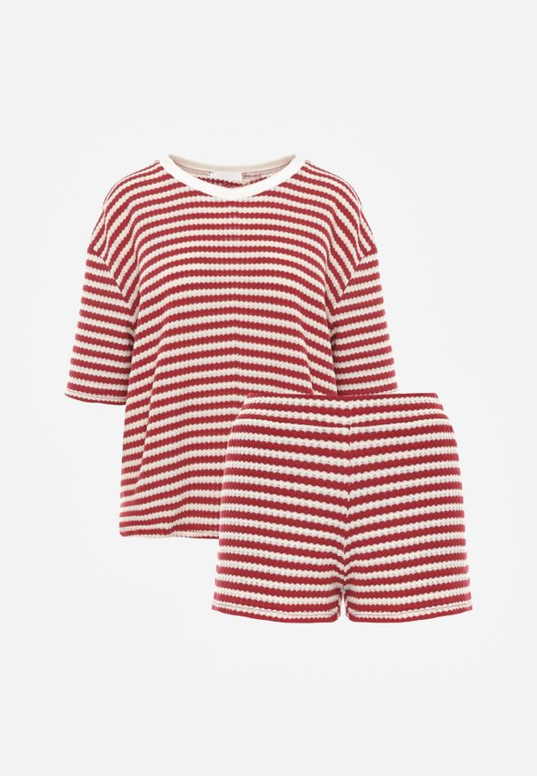 Born2be - Beżowo-Czerwony Komplet Bawełniany z Dzianiny Szorty i T-shirt o Luźnym Kroju w Paski Proseltte. Kolor: beżowy. Materiał: bawełna, dzianina. Wzór: paski