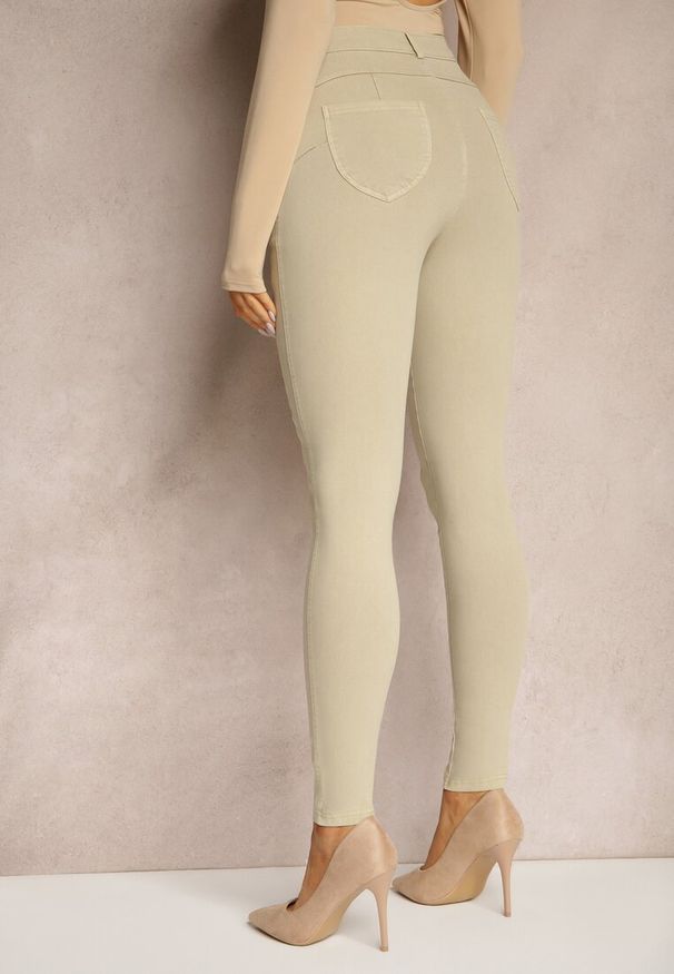 Renee - Beżowe Skinny Jeansy z Bawełną High Waist Lorie. Okazja: na co dzień, na imprezę. Stan: podwyższony. Kolor: beżowy. Styl: casual, elegancki
