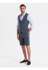 Ombre Clothing - Męski zestaw elegancki kamizelka garniturowa + szorty - granatowy V1 - Rozmiar: L. Okazja: na co dzień. Kolor: niebieski. Materiał: wiskoza, dzianina, poliester, materiał, bawełna, elastan. Wzór: jednolity. Sezon: lato. Styl: elegancki