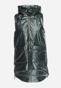 Born2be - Ciemnozielona Pikowana Kamizelka z Kapturem i Troczkami na Dole Terinaes. Okazja: na spacer, na co dzień. Typ kołnierza: kaptur. Kolor: zielony. Materiał: jeans. Styl: elegancki, casual #3