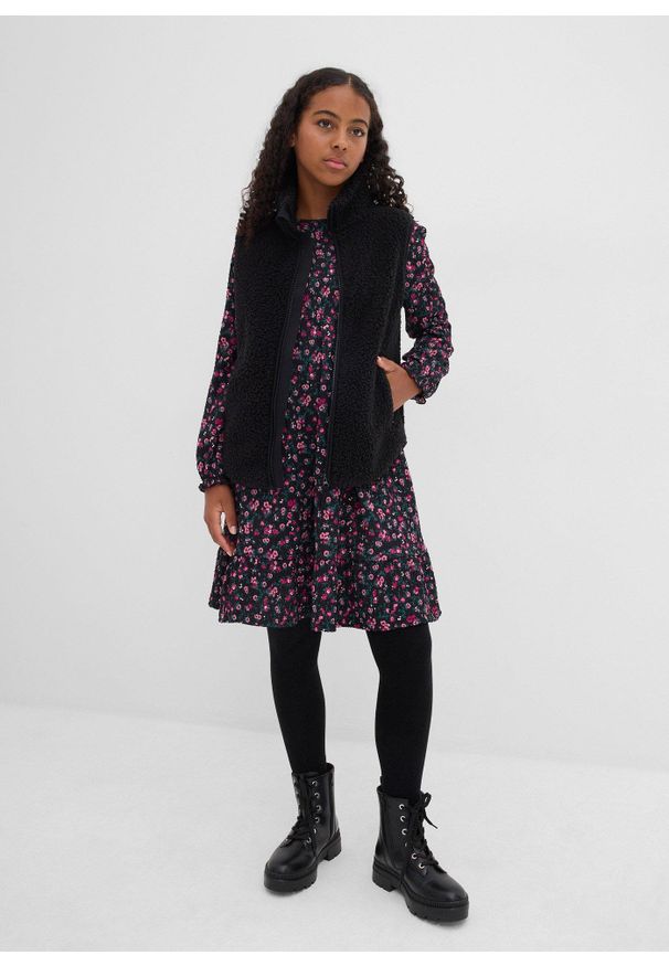 bonprix - Sukienka dżersejowa ze strukturalnej krepy. Kolor: czarny. Materiał: jersey. Wzór: kwiaty