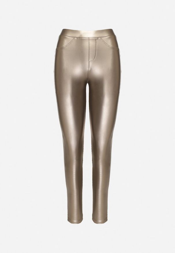 Born2be - Złote Legginsy z Ekoskóry z Wysokim Stanem i Imitacją Kieszeni Merievia. Okazja: na co dzień. Stan: podwyższony. Kolor: złoty. Styl: elegancki, casual, klasyczny