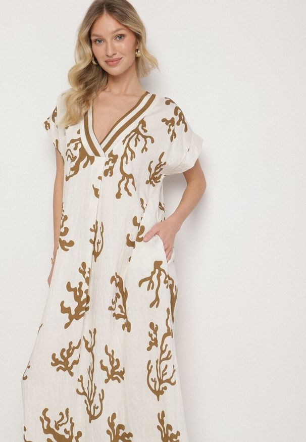 Born2be - Brązowo-Beżowa Sukienka z Lnem i Wiskozą o Pudełkowym Kroju Sadirene. Okazja: na co dzień, na spotkanie biznesowe. Kolor: brązowy. Materiał: len, wiskoza. Wzór: kwiaty. Sezon: wiosna, lato. Styl: casual, elegancki, biznesowy