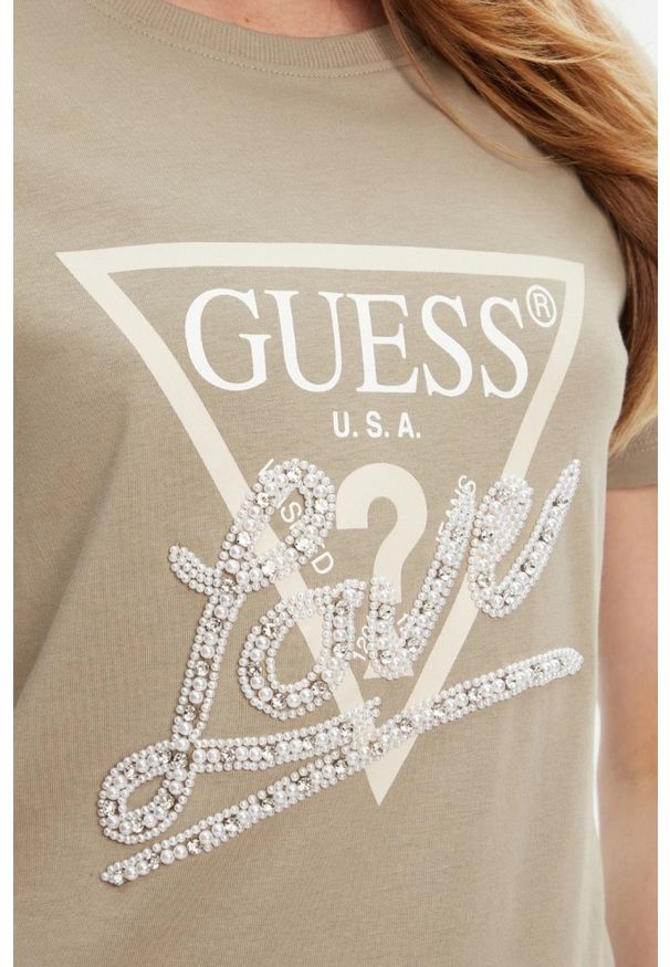 Guess - GUESS Zielony damski t-shirt Pearls Love, Rozmiar S. Kolor: zielony