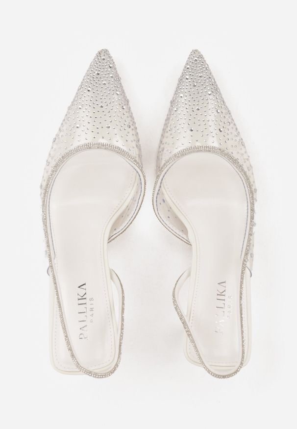 Born2be - Białe Transparentne Szpilki z Odkrytą Piętą Ozdobione Cyrkoniami Krisqirelle. Okazja: na spotkanie biznesowe, na co dzień. Kolor: biały. Wzór: aplikacja. Obcas: na szpilce. Styl: elegancki, biznesowy, klasyczny, casual