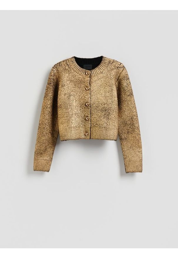 Reserved - Kardigan z dodatkiem wełny - złoty. Kolor: złoty. Materiał: wełna