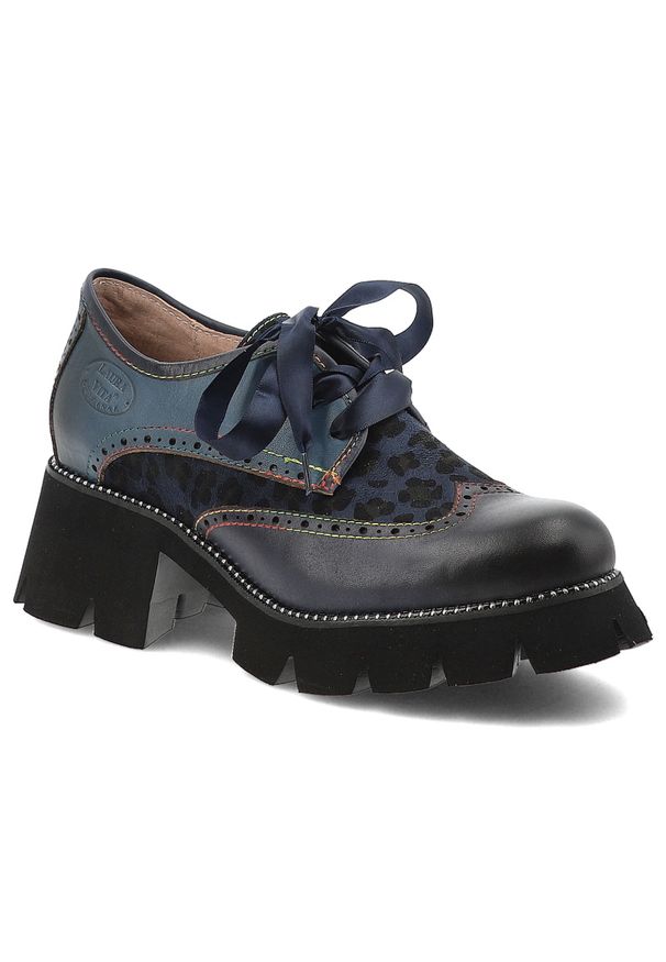Granatowe Półbuty Laura Vita Stylowe Buty Damskie Premium. Kolor: niebieski. Materiał: skóra. Szerokość cholewki: normalna. Wzór: motyw zwierzęcy, aplikacja. Styl: elegancki