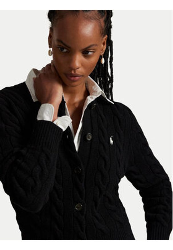 Polo Ralph Lauren Kardigan 211972104005 Czarny Slim Fit. Typ kołnierza: polo. Kolor: czarny. Materiał: wełna