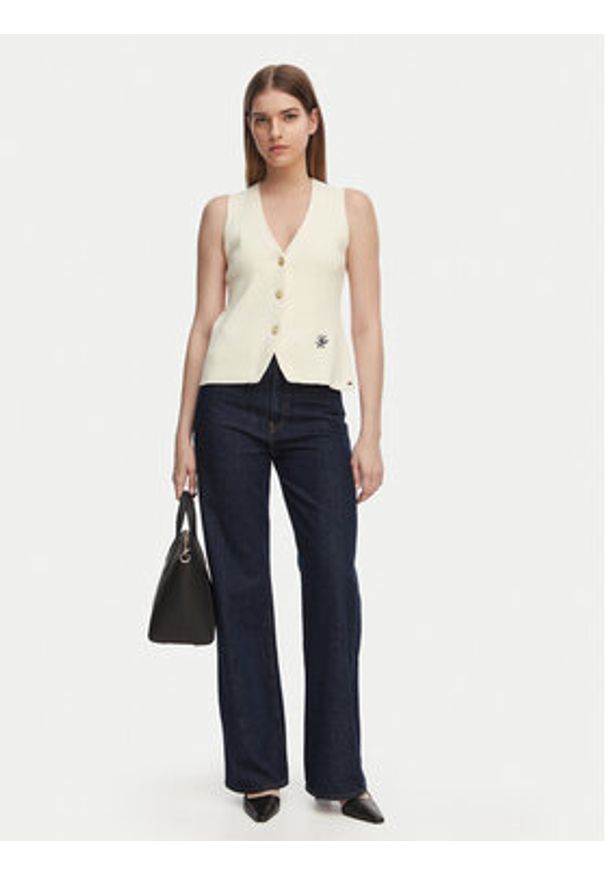 TOMMY HILFIGER - Tommy Hilfiger Top WW0WW49707 Beżowy jasny Slim Fit. Kolor: beżowy. Materiał: bawełna