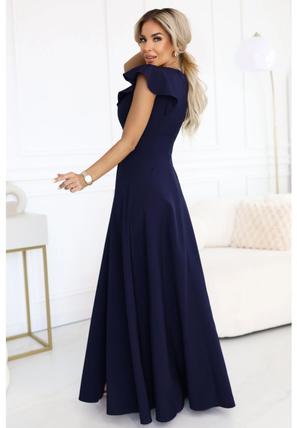 Numoco - Długa sukienka wieczorowa rozkloszowana granatowa. Okazja: na studniówkę, na ślub cywilny, na wesele, na imprezę. Kolor: niebieski. Styl: wizytowy. Długość: maxi