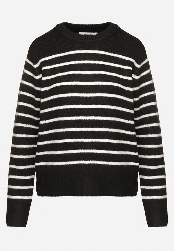 Born2be - Czarny Sweter w Paski o Klasycznym Kroju Rialira. Okazja: na co dzień. Kolor: czarny. Materiał: jeans. Długość rękawa: długi rękaw. Długość: długie. Wzór: paski. Styl: klasyczny